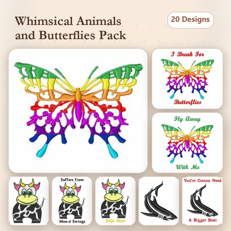 Funny Animal Embroidery Designs Bundle – Butterfly with Colorful Drips, My Cow Says Moo & More (20 Designs)
