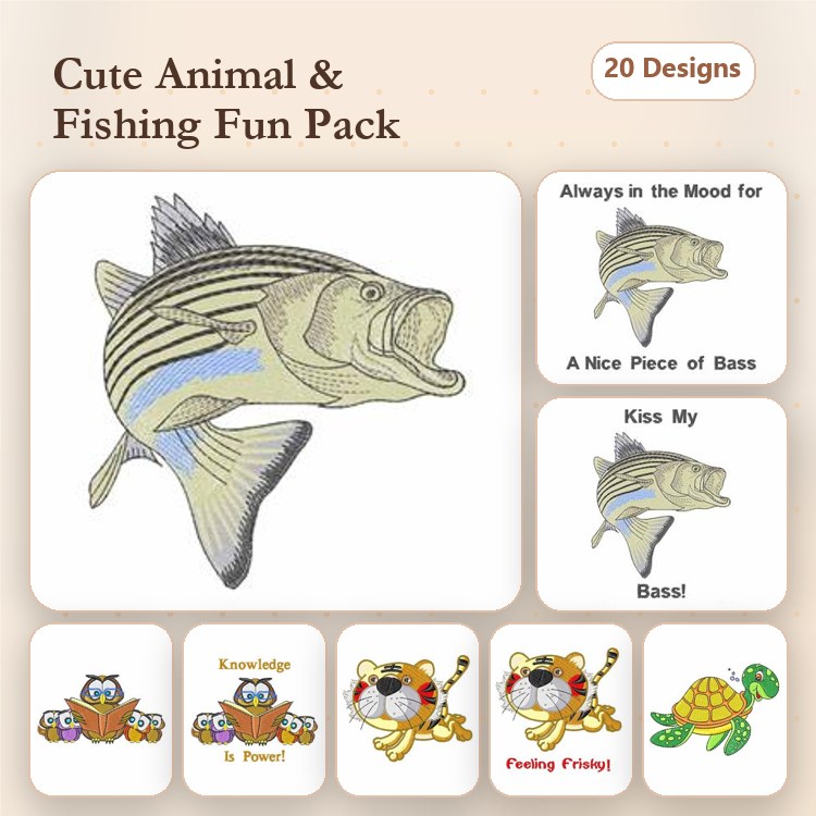 Cute Animals & Fishing Embroidery Designs Bundle – Striped Bass, Tiger with Fishing Rod, Turtle with Fish & More (20 Designs)