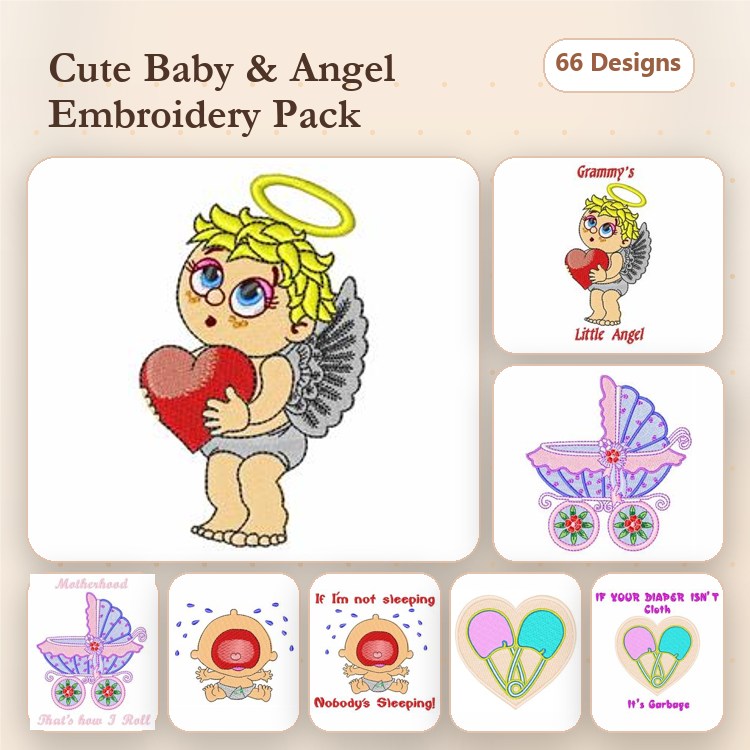 Baby & Angel Embroidery Designs Bundle – Cute Baby with Heart, Angel with Heart, Baby Stroller & More (66 Designs)