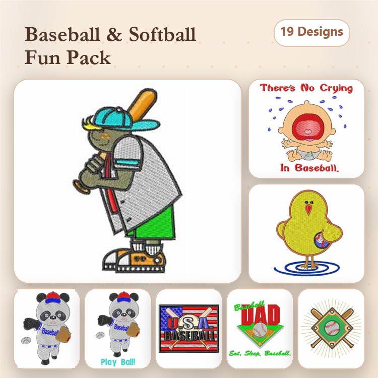 Baseball & Softball Embroidery Designs Bundle – Baseball Player, Baseball Duck, There's No Crying in Baseball & More (19 Designs)