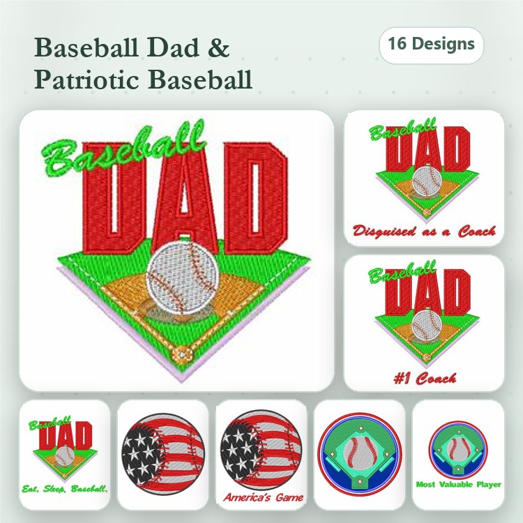 Baseball Dad & Patriotic Themes Embroidery Designs Bundle – Baseball Dad, America's Game, Best Valuable Player & More (16 Designs)