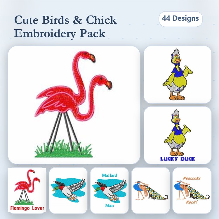 Cute Birds Embroidery Designs Bundle – Flamingo Lover, Mallard Man, Peacock Royal & More (44 Designs)