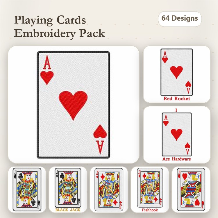 Playing Cards Embroidery Designs Bundle – Ace of Hearts, Ace of Diamonds, Ace of Clubs & More (64 Designs)