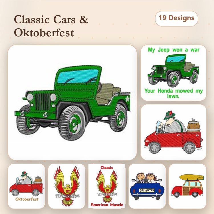 Classic Cars & Oktoberfest Embroidery Designs Bundle – Classic Jeep, Green Jeep, Oktoberfest Steins & More (19 Designs)