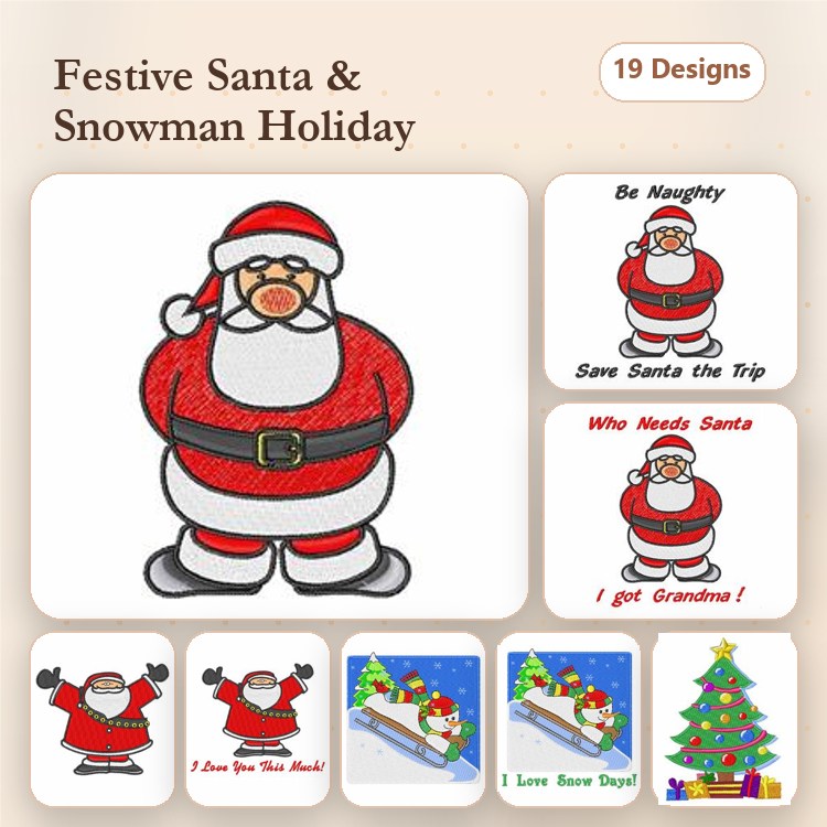 Santa & Snowman Holiday Embroidery Designs Bundle – Santa with Gifts, Cheerful Snowman, Merry Christmas Banner & More (19 Designs)
