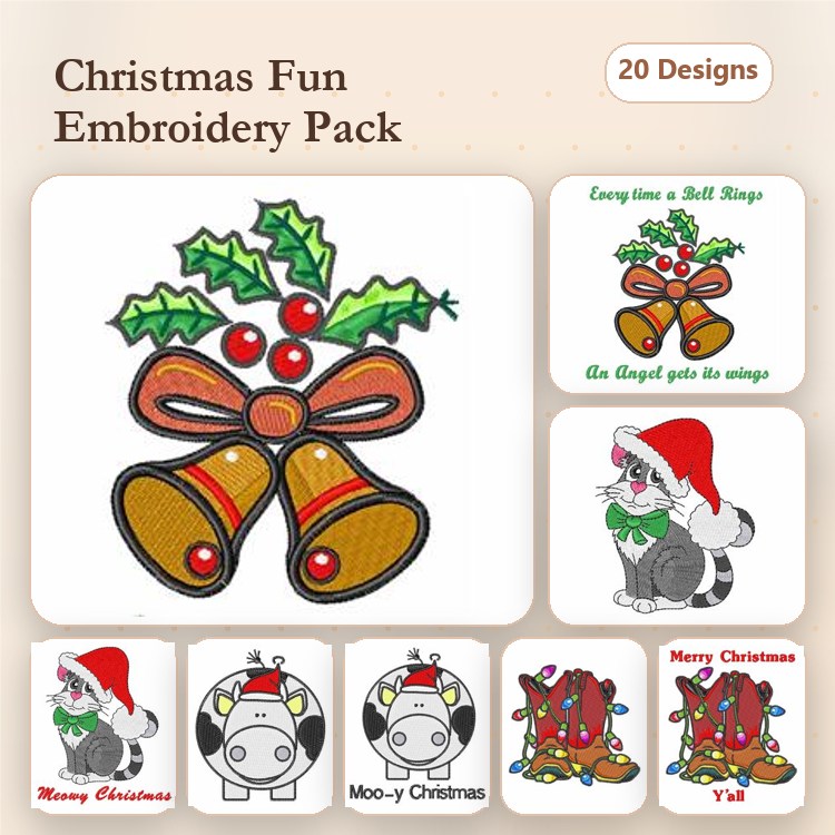 Christmas Bells & Cheer Embroidery Designs Bundle – Holly Jolly Bells, Santa Cat, Moo-y Christmas & More (20 Designs)