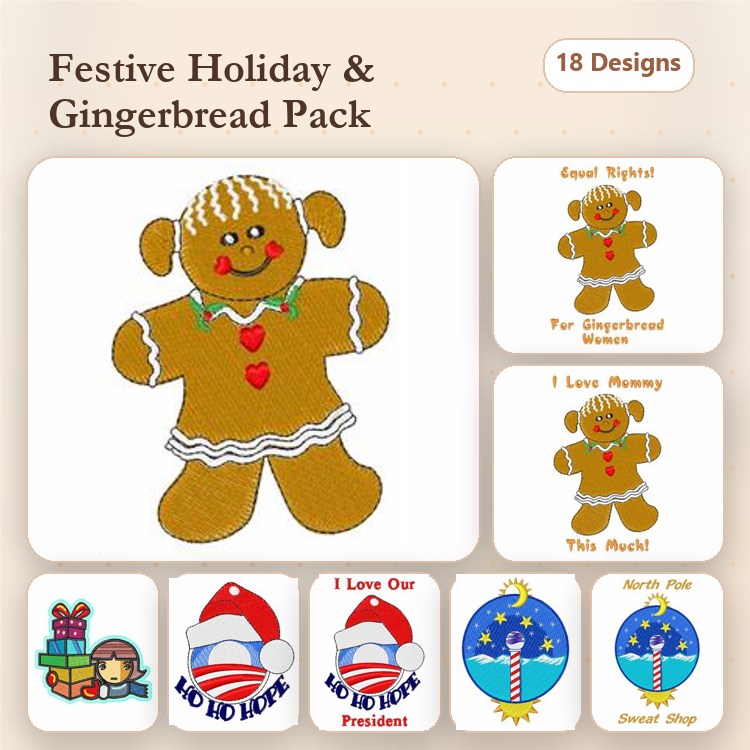 Gingerbread Boy & Holiday Cheer Embroidery Designs Bundle – Santa Hat, Sweet Shop, North Pole Sign & More (18 Designs)