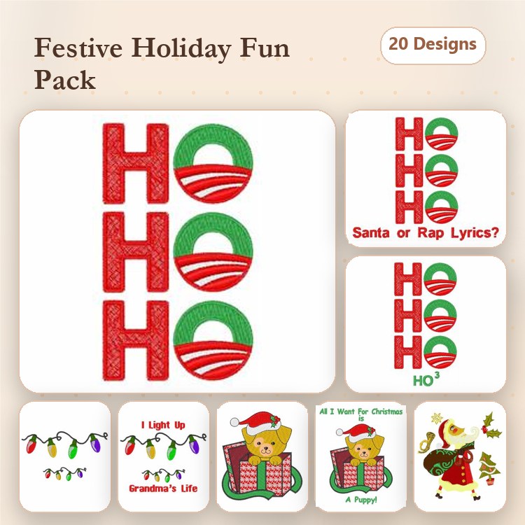 Festive Holiday Embroidery Designs Bundle – HOHO Letters, Teddy Bear, Christmas Stocking & More (20 Designs)
