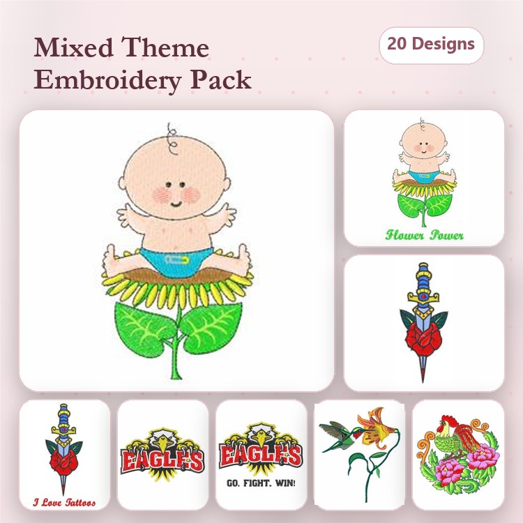 Mixed Subjects Embroidery Designs Bundle – Baby on Leaf, Flower Power, Love Turtles & More (20 Designs)