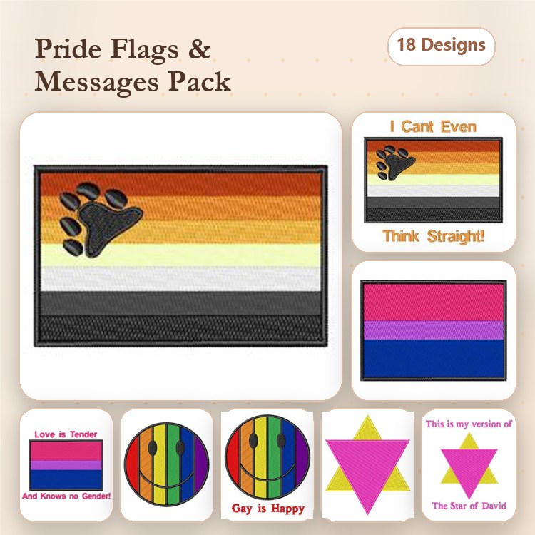 Pride Flags & Messages Embroidery Designs Bundle – Love is Tender, Gay is Happy, Transgender Pride Flag & More (18 Designs)