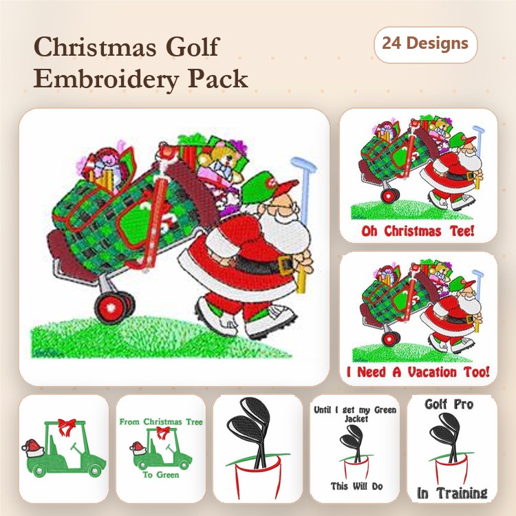 Christmas Golf Embroidery Designs Bundle – Santa with Golf Bag, Oh Christmas Tee, I Need A Vacation Too & More (24 Designs)
