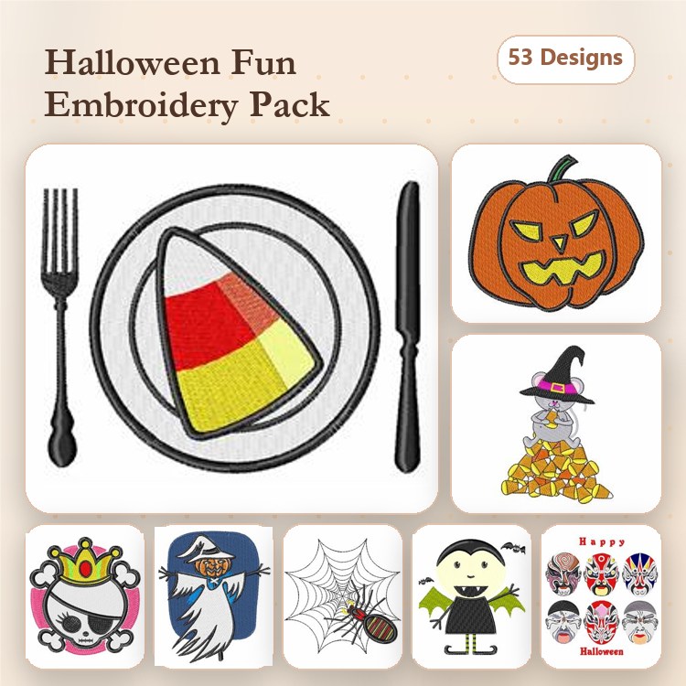 Halloween Characters Embroidery Designs Bundle – Candy Corn, Jack-o'-Lantern, Witch & More (53 Designs)
