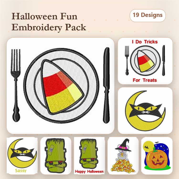 Halloween Themed Embroidery Designs Bundle – Candy Corn, Sassy Cat, Frankenstein & More (19 Designs)