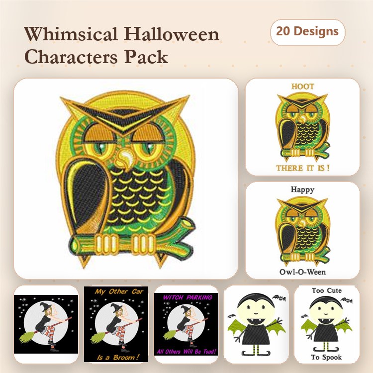 Whimsical Halloween Characters Embroidery Designs Bundle – Owl, Ghost, Broom Saying & More (20 Designs)