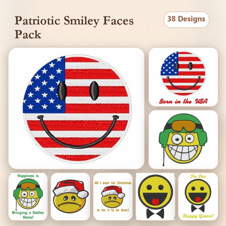 Patriotic Smiley Faces Embroidery Designs Bundle – Smiley Face with American Flag, Soldier Smiley Face, Santa Smiley Face & More (38 Designs)