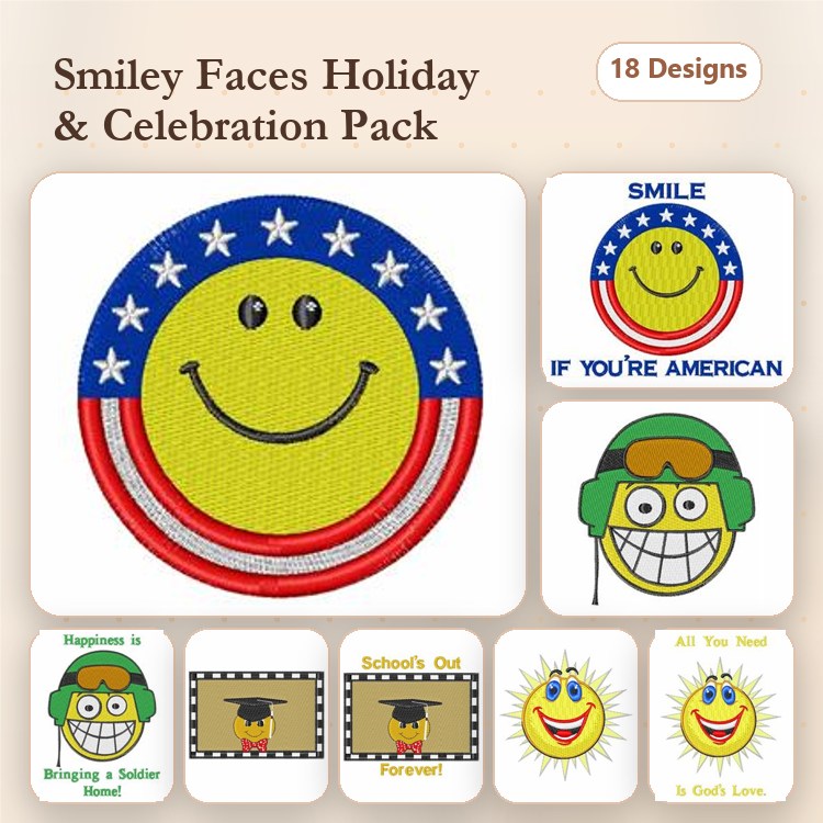 Smiley Faces Celebration Embroidery Designs Bundle – Smiley Face with Stars, Sunglasses, Rainbow & More (18 Designs)