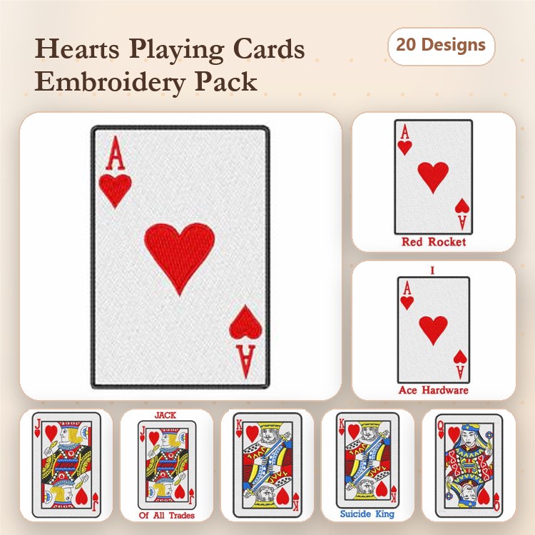 Hearts Playing Cards Embroidery Designs Bundle – Ace of Hearts, King of Hearts, Queen of Hearts & More (20 Designs)