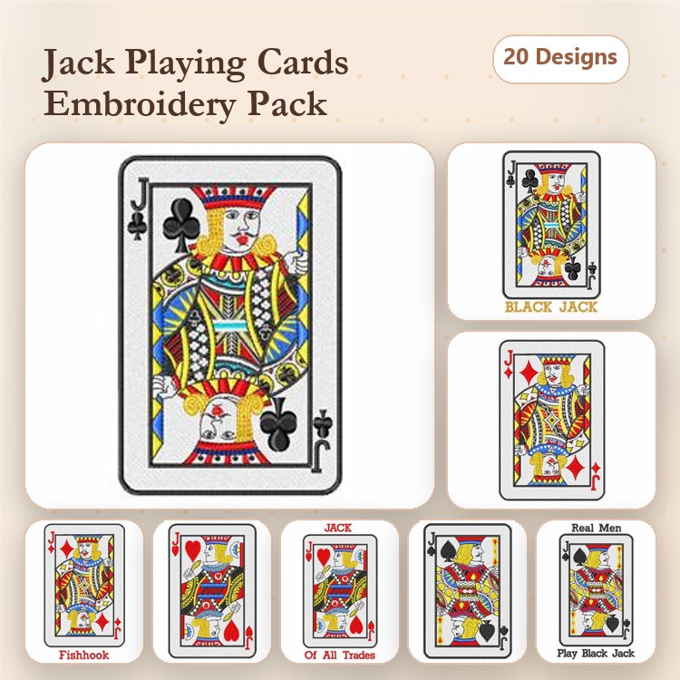 Jack Playing Cards Embroidery Designs Bundle – Jack of Spades, Jack of Diamonds, Jack of Hearts, Jack of Clubs & More (20 Designs)