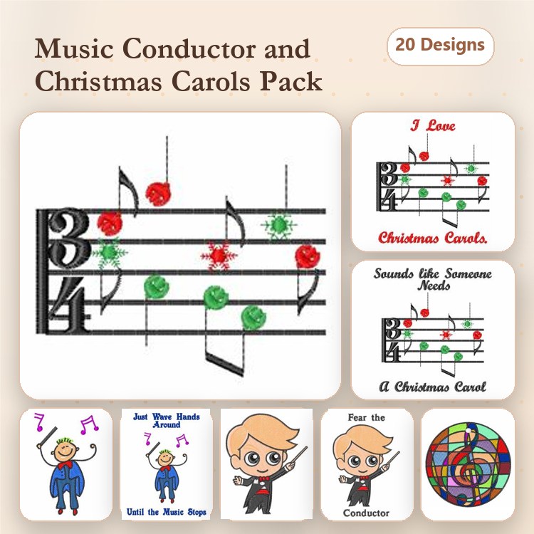 Music & Christmas Carols Embroidery Designs Bundle – I Love Christmas Carols, Conductor with Music Notes & More (20 Designs)