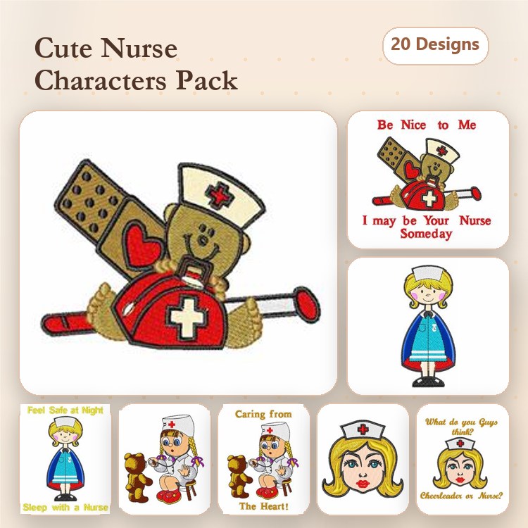 Nurse Characters Embroidery Designs Bundle – Teddy Bear Nurse, Nurse with Syringe, Girl Nurse & More (20 Designs)