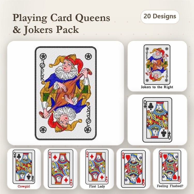 Queens & Jokers Embroidery Designs Bundle – Queen of Hearts, Joker, First Lady & More (20 Designs)