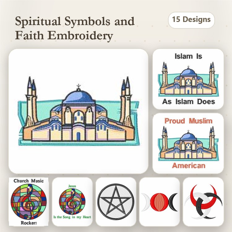 Spiritual and Faith Symbols Embroidery Designs Bundle – Mosque, Peace Symbol, Om Symbol & More (15 Designs)
