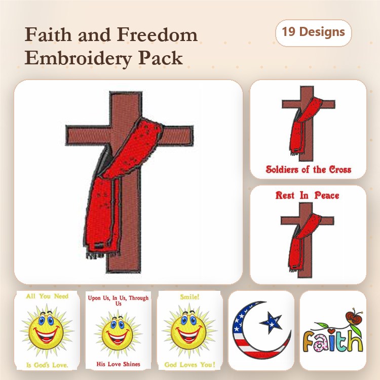 Faith Embroidery Designs Bundle – Cross with Red Scarf, Soldiers of the Cross, Rest In Peace & More (19 Designs)