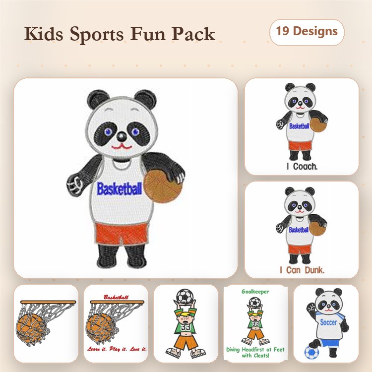 Kids Sports Themed Embroidery Designs Bundle – Basketball Panda, Soccer Panda, Baseball Panda & More (19 Designs)