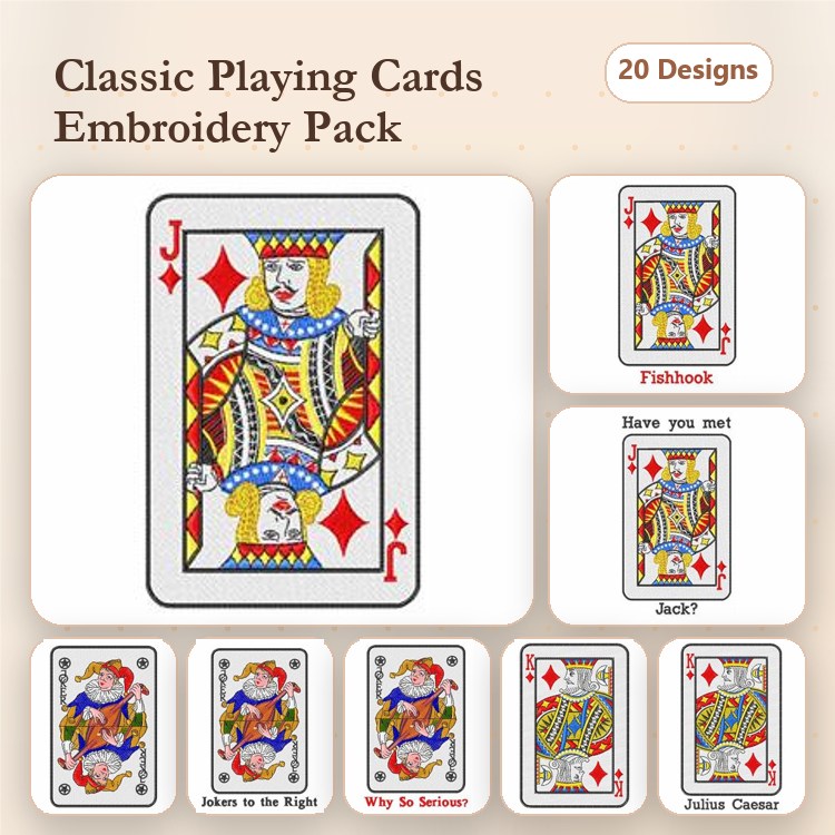 Classic Playing Cards Embroidery Designs Bundle – Jack of Diamonds, King of Diamonds, Queen of Diamonds & More (20 Designs)
