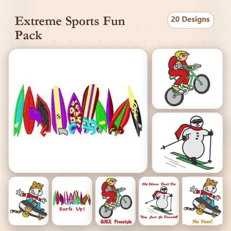 Extreme Sports Embroidery Designs Bundle – Surfboard Collection, Surfer Character, BMX Freestyle & More (20 Designs)
