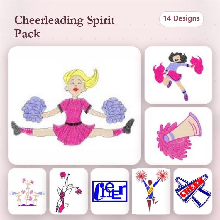 Cheerleading Themes Embroidery Bundle – Cheerleader with Pom Poms, Cheer Pose with Pom Poms & More (14 Designs)