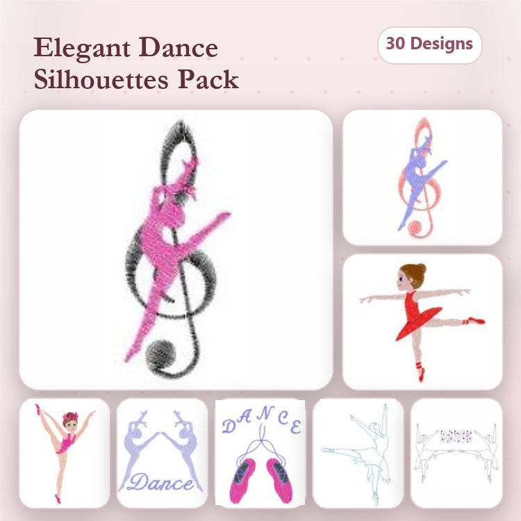 Dance Silhouettes Embroidery Designs Bundle – Ballet Dancer, Jazz Dancer, Musical Note & More (30 Designs)