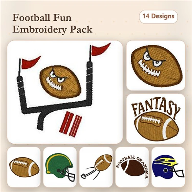 Football-Themed Embroidery Designs Bundle – Football with Flags, Touchdown Football, Football Grandma & More (15 Designs)