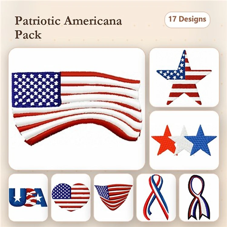 Patriotic Americana Embroidery Designs Bundle – American Flag, Star with Blue and White, Heart with American Flag & More (20 Designs)