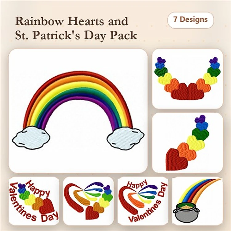 Rainbow & Hearts Embroidery Bundle – Rainbow with Clouds, Colorful Hearts, Happy Valentine's Day Text & More (8 Designs)