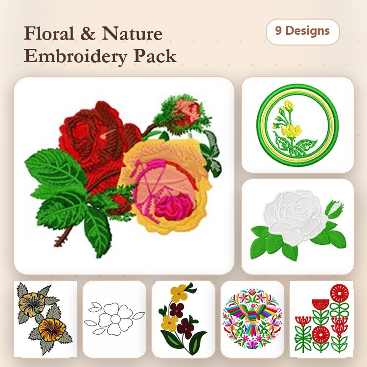 Floral Embroidery Designs Bundle – Red Rose, Yellow Rose, Black-eyed Susan & More (9 Designs)