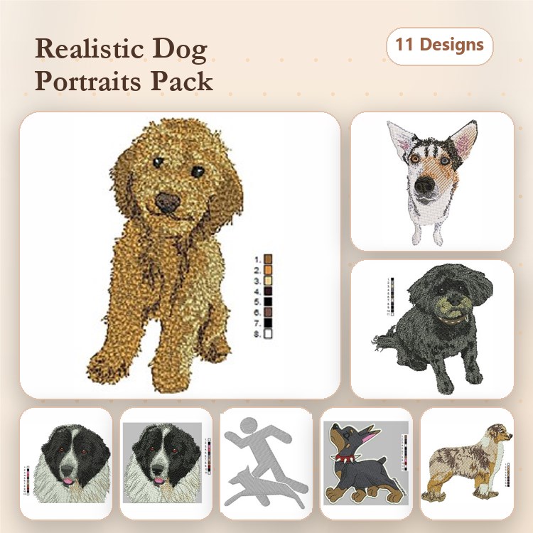 Realistic Dog Portraits Embroidery Bundle – Various Breeds (11 Designs)