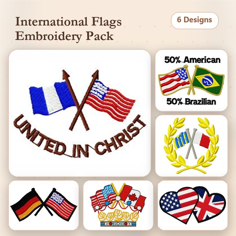 International Flags Embroidery Designs Bundle – French Flag, American Flag, Brazilian Flag & More (6 Designs)