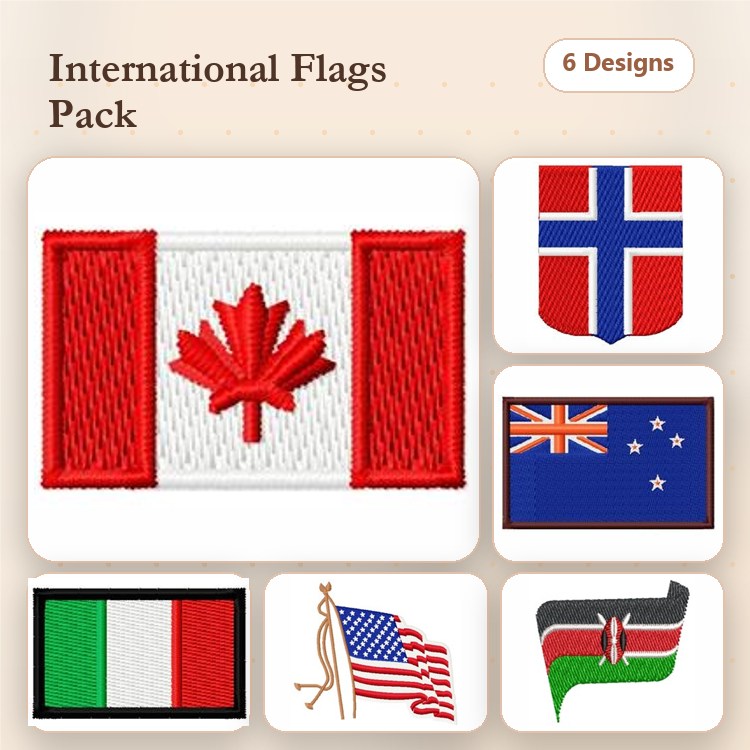 International Flags Embroidery Designs Bundle – Canadian, Norwegian, Australian, & More (6 Designs)