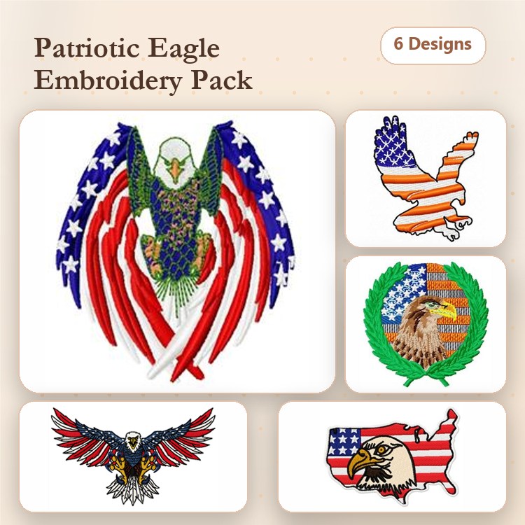 Patriotic Eagle Embroidery Bundle – Eagle with American Flag, Eagle Silhouette, Eagle Head & More (6 Designs)