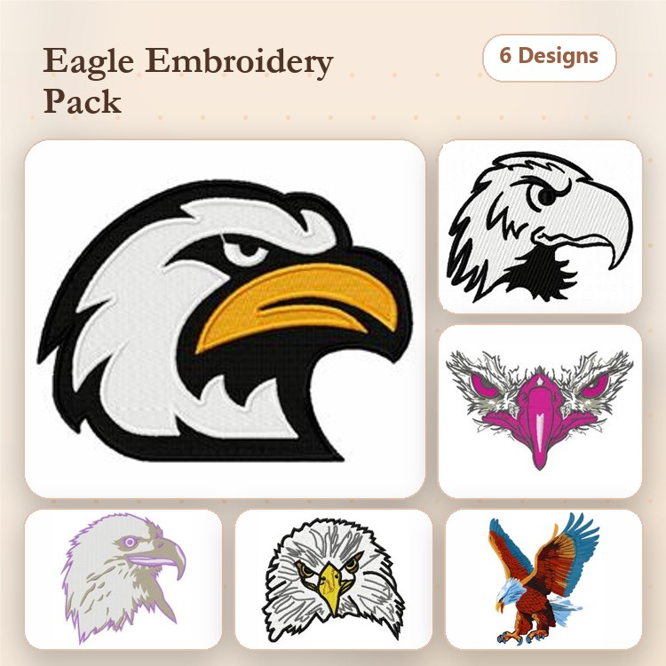 Eagle Embroidery Bundle – Eagle Head with Orange Beak, Eagle Silhouette, White Headed Eagle & More (6 Designs)