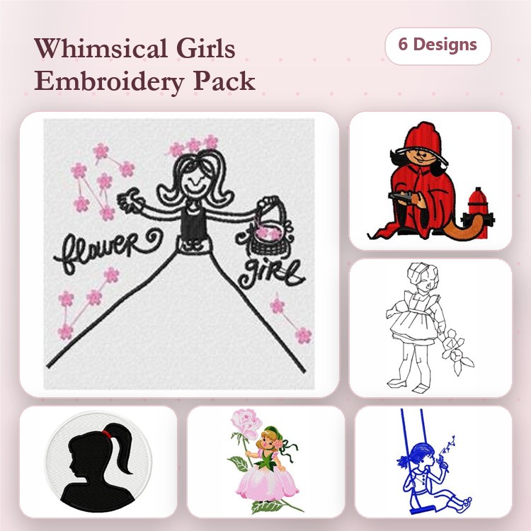 Flower Girl & Basket Holder Embroidery Designs Bundle – Flower Girl, Girl with Basket, Sitting Girl with Rose & More (6 Designs)