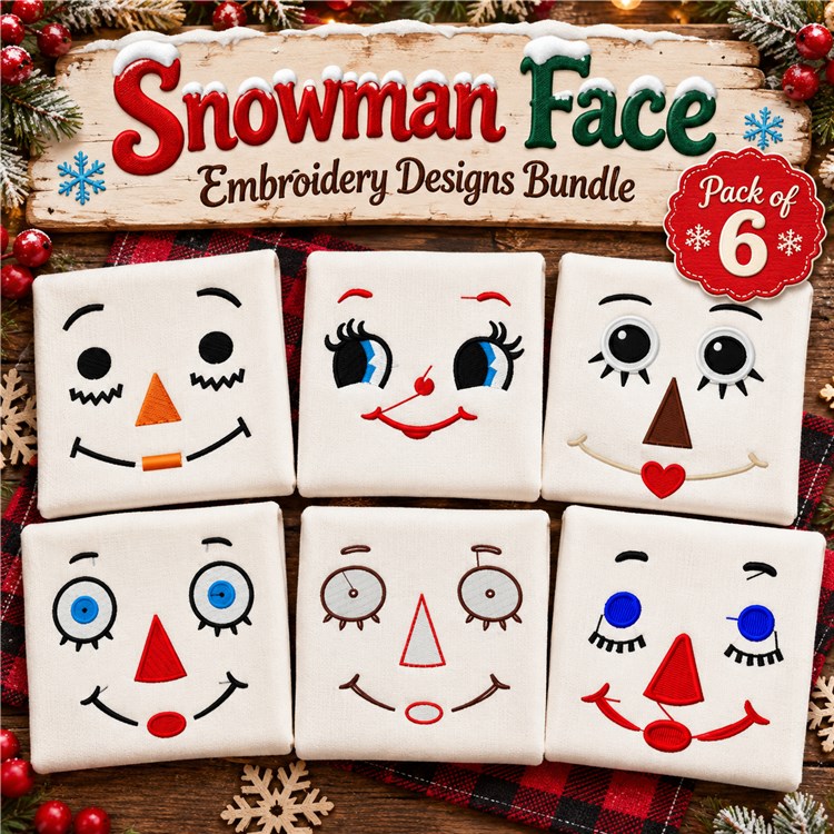 Snowman Face Embroidery Designs Bundle – Blue Eyes, Red Nose, Blushing Cheeks & More (6 Designs)