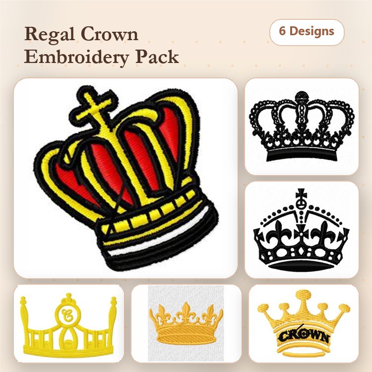 Crown Embroidery Designs Bundle – Regal Crown, Ornate Crown, Black Crown with Gems & More (6 Designs)