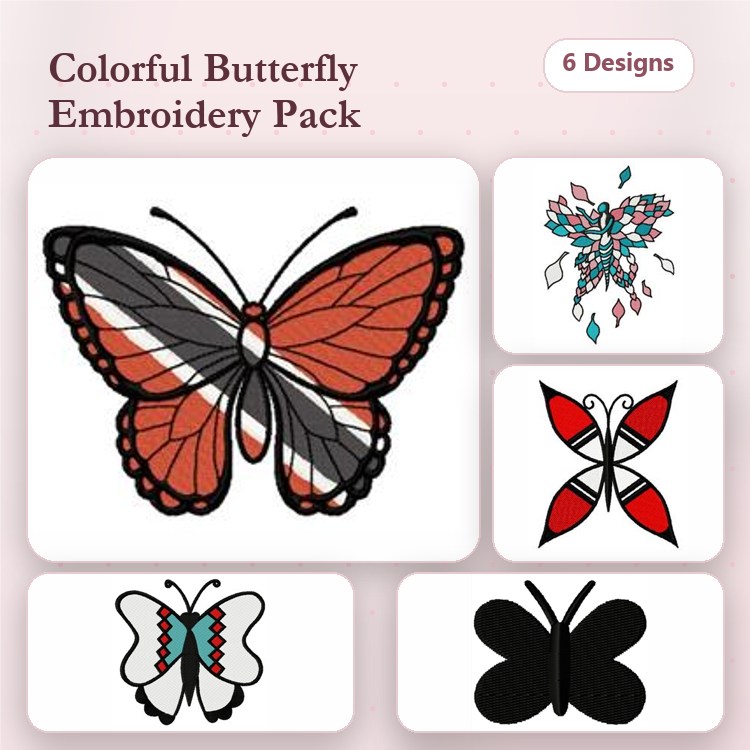 Colorful Butterflies Embroidery Designs Bundle – Monarch Butterfly, Butterfly with Flowers, Red Butterfly & More (6 Designs)