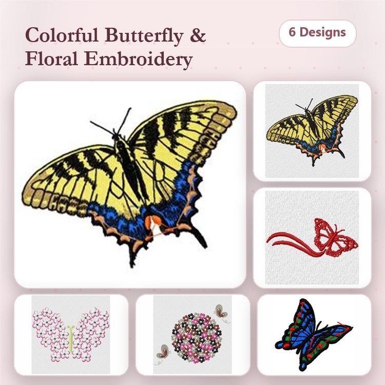 Butterflies & Floral Embroidery Designs Bundle – Colorful Butterfly, Floral Heart with Flowers, Red Butterfly & More (6 Designs)