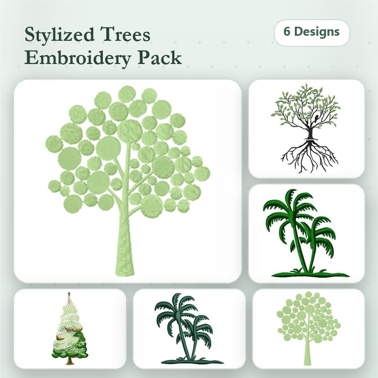 Stylized Tree Embroidery Designs Bundle – Circle Tree, Rooted Tree, Palm Tree & More (6 Designs)