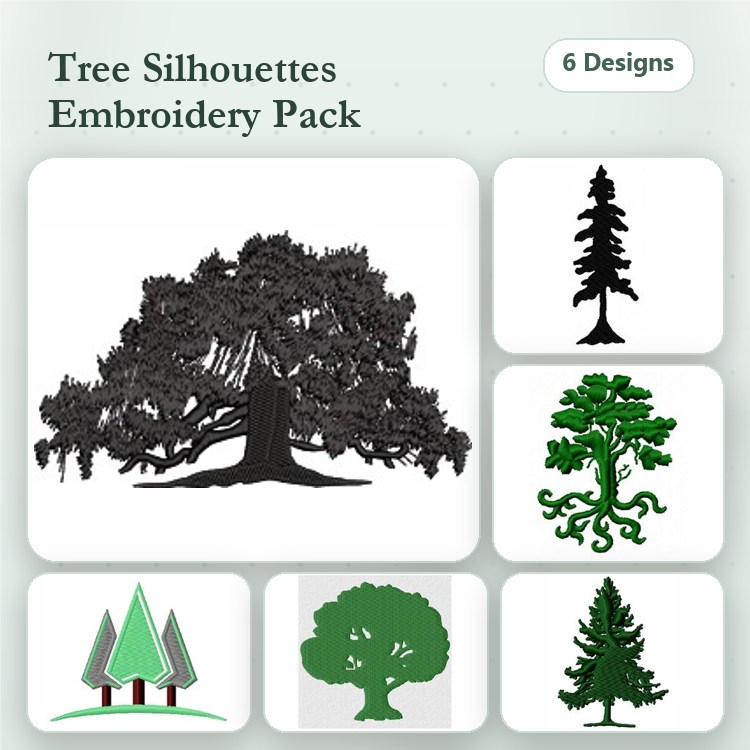 Tree Silhouettes Embroidery Designs Bundle – Oak Tree, Pine Tree, Maple Tree & More (6 Designs)