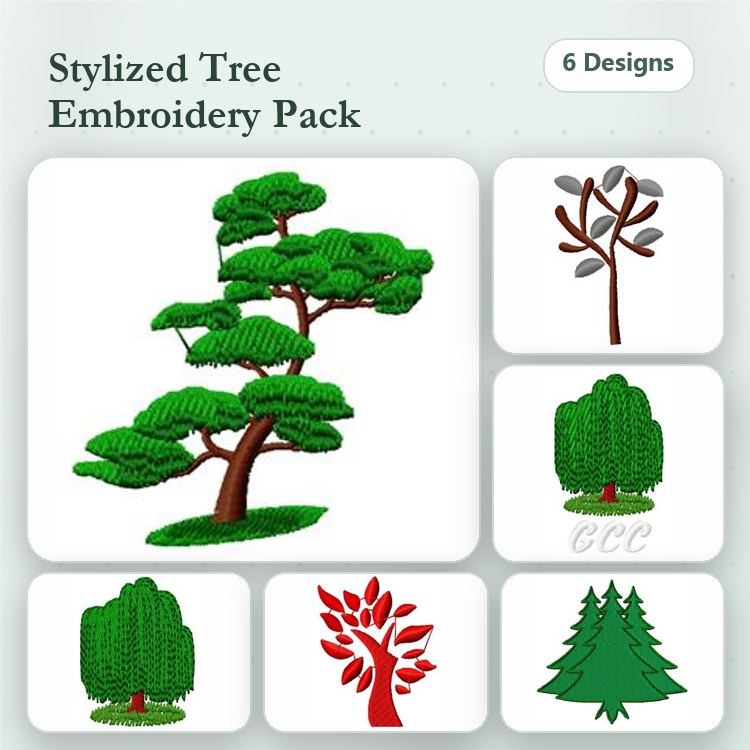 Stylized Trees Embroidery Designs Bundle – Green & Red Trees, Leafy Tree & More (6 Designs)