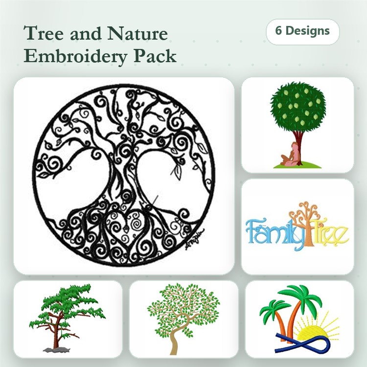 Trees and Nature Embroidery Designs Bundle – Tree of Life, Round Tree with Swirls, Family Tree & More (6 Designs)